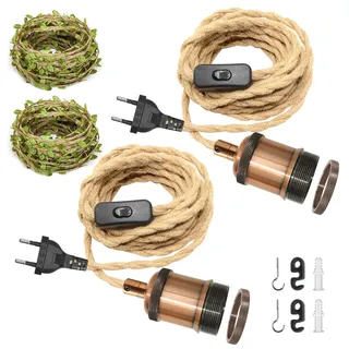 2-er Lampenfassung E27 mit Hanfseil Kabel, Lampenkabel mit Schalter und Stecker, DIY Hängelampe Kronleuchter-Set mit 5 Meter langem dekorativem Kabel in Grünblattoptik Geeignet für den Landhausstil