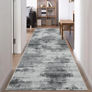Famibay Teppich Läufer Flur rutschfest 80x300cm Waschbar Teppichläufer Flur Dunkelgrau Küchenläufer Modern Flurteppich Läufer Lang für Eingang Flur Küche Schlafzimmer Wohnzimmer