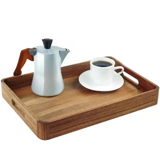 Relaxdays Serviertablett Akazienholz & MDF, HxBxT: 5 x 38,5 x 28,5 cm, Essenstablett mit Griffen, hoher Rand, Natur