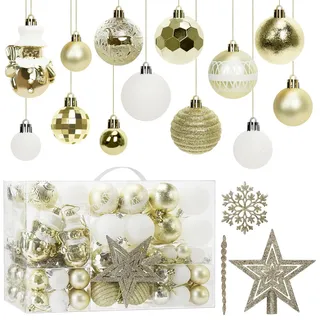 105 Stück Weihnachtsbaumkugeln Ornamente Set, Weihnachtsbaum Dekorationen Christbaumkugeln mit Kugeln, Sterne, Schneeflocken Dekoration Weihnachten, Hochzeit, Party Dekorationen, Gold Weiß