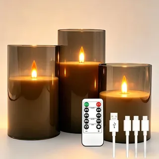 Da by 3 Wiederaufladbare LED Kerzen, 1800mAh Hochkapazität, Typ-C Aufladung mit 3-in-1 Ladekabel, Flackernde Kerzen mit Fernbedienung, Graue Transparente Hülle für Hochzeit & Weihnachten