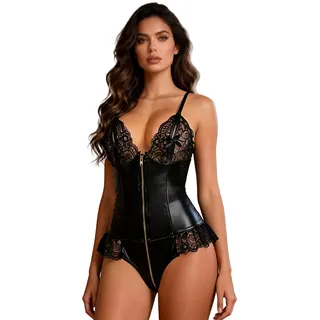 ohyeahlady Body PU-Leder Dessous Damen Sexy Unterwäsche Spitze Teddy XL | Mit Reißverschluss,Brust Offen,Lingerie Sexy for women,Catsuit,Bodysuit,Negligee Curvy Reizwäsche,Große Größen,Rave,Clubwear