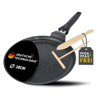 DIVORY Crêpe-Pfanne 28 cm – Antihaft, abnehmbarer Griff – Für alle Herdarten geeignet, Induktion – Crêpes, Pfannkuchen & Palatschinken, inkl. Teigverteiler & Holzschaufel – Frei von PFOA & PFOS