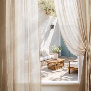 Melodieux Schiebegardinen mit Kräuselband Beige - Leinenoptik Fenster Vorhänge, Volie Küchengardinen Gardinen Vorhänge Transparent fur Kinderzimmer Schlaufenschal, Wohnzimmer, 210×140cm (H×B) 2er Set