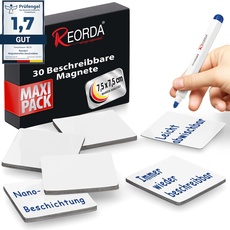 Reorda® Magnetstreifen beschreibbar - 30 Stück wiederbeschreibbar – 7,5 x 7,5 cm (Weiß) - Beschreibbare Magnete für Whiteboard, Kanban, Magnettafel oder als beschriftbare Magnete für den Kühlschrank