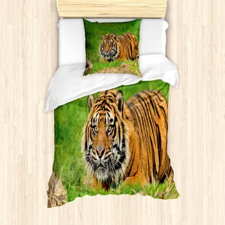 ABAKUHAUS Tiger Mantele, Sumatran Feline Ambush, Milbensicher Allergiker geeignet mit Kissenbezügen, 135 cm x 200 cm - 80 x 80 cm, grün orange - Grün