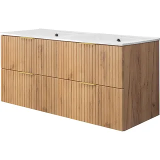 Waschtischunterschrank, Mattweiß, 120 (2 x 60) x 57 x 46 cm, silberner Griff, ohne Arbeitsplatte - Weiß, Silber
