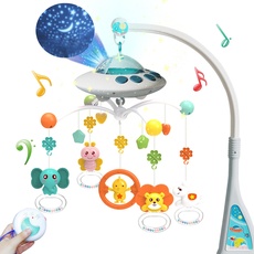 Eners Baby Mobile Babybett mit Musik und Lichtern, Bett Mädchen Junge mit Fernbedienung, Spieluhr,Stern und Mond Projektion, Spielzeug 0 3 6 9 12 Monate (Blau)