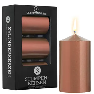 DECO EXPRESS Stumpenkerzen Set, 3er-Pack Metallic Kerzen, Lange Brenndauer 30 Stunden, Geruchslos & Rußarm, Deko Kerzen für Weihnachten, Adventskranz & Besondere Anlässe' (Kupfer - 3er-Pack)
