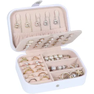 Kleine Schmuckschatulle, doppellagig, Reise-Schmuck-Organizer für Frauen und Mädchen, PU-Leder, tragbar, Mini-Reise-Etui, Präsentationsständer, Schmuckbox für Ohrringe, Halsketten, Armbänder – Weiß
