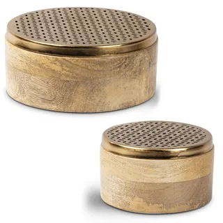 DRW Set mit 2 runden Schachteln aus Holz und Metall in Gold, 17 x 17 x 7 cm und 12 x 12 x 7 cm, 17x17x7cm y 12x12x7cm