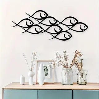 Metall Fisch Wanddekorationen, Moderne Meeresfische Familie Eisen Kunst, Abstrakte Geometrie Linie Fischen, Hängende Wandtafeln Rustikaler Stil für Haus, Bad, Pool und Veranda Deko.(50 * 20cm