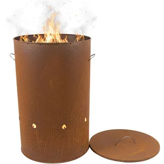 Relaxdays Feuertonne, Cortenstahl, Rostoptik, HxD: 60 x 38,5 cm, Industrial Feuerschale mit Deckel, Garten, rotbraun