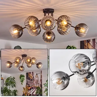 HOFSTEIN Deckenleuchte Koyoto, 8-flammige Deckenlampe aus Metall/Riffelglas in Schwarz/Rauch/Klar, Leuchte im Retro/Vintage-Design (Schirme Ø 15 cm), E14, Esszimmer, Wohnzimmer, Schlafzimmer, Büro