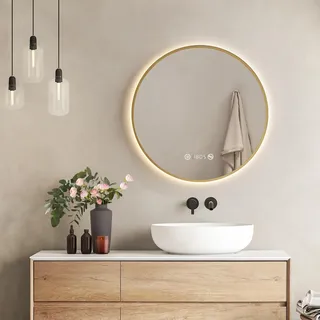 EMKE Badspiegel Rund LED Spiegel mit Beleuchtun ф60cm Gebürstetem Goldrahmen Rund Badezimmerspiegel mit Beschlagfrei, Uhr, Temperatur, Dimmbar, Memory-Funktion - Neutrale Lichts 4300K - Gold