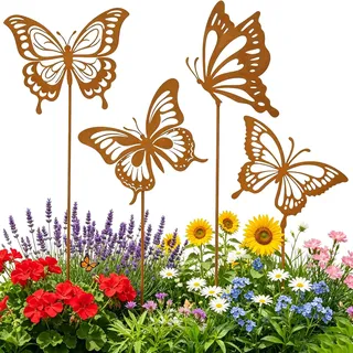 Laitejituan Schmetterling Gartenstecker Rost 4er Set, Metall Blumenstecker | Dekorative Akzente für Beete, Pflanzkübel und Außenbereiche, Filigranes Design verschönert Garten, Terrasse und Balkon