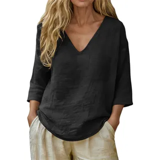 Musselin Bluse Damen Sommer Leicht Leinenbluse Elegant V-Ausschnitt Tshirt Lässig Baumwolle Leinen Langarmshirt Bequem Einfarbig Oberteile 3/4 Ärmel Tunika Tops Oversized Longshirt T-shirt Kurzarm