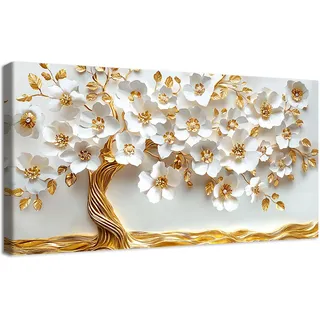 Weißes Gold Blume Leinwand Bilder Mit Rahmen Gemälde Lebensbaum Goldenen Blättern Bild Wandbilder Wandkunst Leinwand Malerei Poster Foto Bild Wandposter Wohnzimmer Schlafzimmer Dekorationen 50x100cm