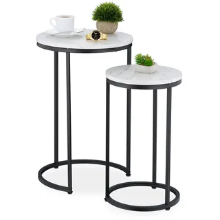 Relaxdays Satztisch, 2er Set, 2 Größen, Marmoroptik, Metall, runde Beistelltische, Wohnzimmer Couchtisch, weiß/schwarz