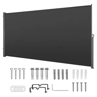 Ausziehbare Seitenmarkise, 185 x 420 cm. Ausziehbare Seitenveranda mit Polyestergewebe (180 g/m2), wasserdicht. Sonnenschutz, Sichtschutz für den Außenbereich, Raumteiler für Garten, Balkon, Pool, Terrasse, Farbe: Grau - Grau