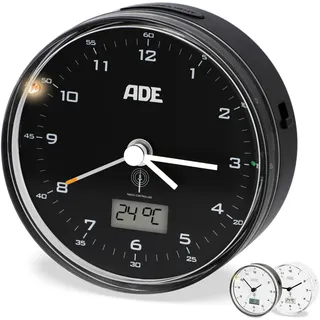 ADE Funk wecker analog ohne Ticken | Uhr mit Temperaturanzeige und Kalender | lautloser analoger Wecker mit Licht | Funkwecker mit Batterie | kleine Uhr zum Hinstellen | schwarzes Zifferblatt