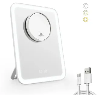 Emke Kosmetikspiegel mit Licht mit Abnehmbare Saugnapfes, Weiß, 23,3/18 cm , Glas , Rechteckig , 23.3x23.3x18 cm , Spiegel, Schminkspiegel