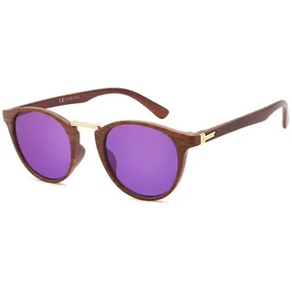 Stylebreaker Sonnenbrille Panto Holzoptik Runde Retro Brille UV400" 1 Stk., gestell braun, gold, glas lila verspiegelt