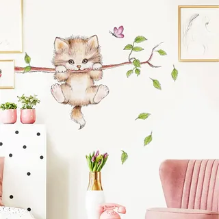 WandSticker4U®- Wandtattoo KATZE Kinderzimmer I Wandbilder: 70x55 cm I Wand Deko Baum Ast süß Tiere Kinder I Wandsticker Babyzimmer Mädchen Junge Baby Tür-aufkleber Fenstersticker