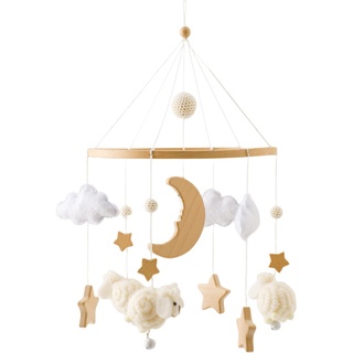 Promise Babe Baby Mobile Holz Schaf Baby Windspiele mit Filzkugeln Holz Stern Mond Baby Mädchen Mobile Babybett Babytisch Wickeltisch Holz Gehäkelt Wolken Mobile Glocke Bett Anhänger Sheep Bed Bell