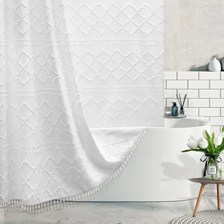 Extra Langer weißer strukturierter gewebter Stoff Boho-Duschvorhang mit Quasten, 72 x 90 cm, moderner Landhausstil, minimalistisch, getuftet, Chevron, gestreift, Shabby-Chic, wasserabweisender