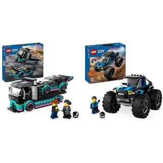 LEGO City Autotransporter mit Rennwagen, LKW-Spielzeug mit Verstellbarer Laderampe und Renn-Auto & City Blauer Monstertruck, Offroad-Auto-Spielzeug, Fahrzeug-Set mit Rennfahrer-Minifigur