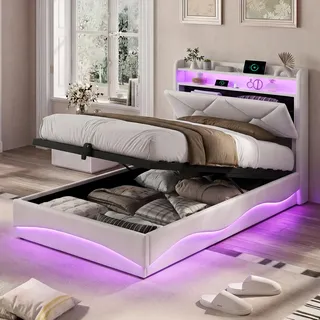 Bett 90x200cm Samt Beige, Hydraulischer Stauraum, LED RGB, USB/Type-C, Kopfteil mit Regal