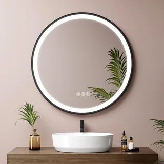 EMKE LED Badspiegel Rund 70 cm Durchmesser LED Spiegel Badezimmerspiegel mit Beleuchtung 3 Lichtfarbe 3000-6500K Kaltweiß Neutral Warmweiß Dimmbar Lichtspiegel mit Beschlagfrei und Touchschalter IP44 Energiesparend (Schwarz Design) - Schwarz