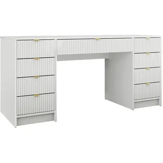 Mirjan24 Schreibtisch Tireno Bis, Schlafzimmer Kosmetiktisch mit neun Schubladen, Goldfarben Aluminiumgriffe (Farbe: Weiß Velvet) - Weiß