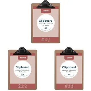EUROPEL Klemmbrett aus Holz, A4, Hochformat, FSC-zertifiziert, MDF, mit schwarzem Metallclip, für Klassenzimmer, Büro, Geschäft, Restaurant, Lager, 325x230x3mm (Packung mit 3)
