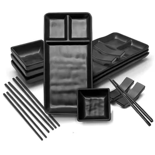 Goliber 16-teiliges japanisches Sushi-Set – Enthält 4 einzelne Sushi-Teller (19 x 14 cm), 4 Saucenschälchen, 4 Paar Essstäbchen, 4 Stäbchenhalter – Hergestellt aus Melamin