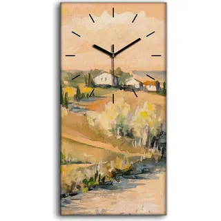 Wohnzimmer-Bild Leinwand Uhr Geräuschlos 30x60 Toskanische Landschaft Aquarelle - schwarze Hände - Orange
