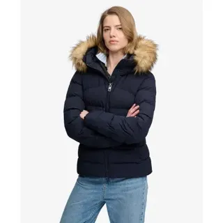 Superdry für Damen. W5012184A Wattierte Fuji-Jacke mit Kunstfell und Kapuze marineblau (M), Lässig, Polyester