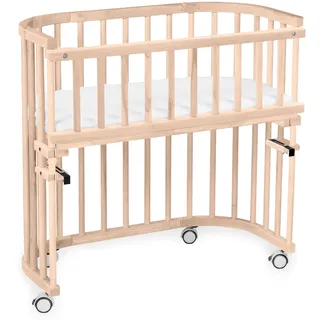 babybay Maxi extra großes Beistellbett aus massivem Buchenholz/Kinderbett Höhe stufenlos verstellbar & umweltfreundlich/mit Matratze, Gitter, Rollen (Natur unbehandelt)