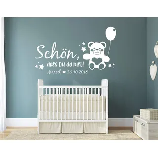 tjapalo® pkm498 wandtattoo Kinderzimmer junge Wandaufkleber Wandtattoo Babyzimmer junge Wandsticker Baby Name schön das du da bist muit Namen u Daum, Farbe: Lichtblau, Größe: B58xH33cm