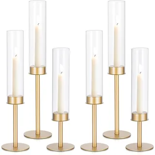 Staymoment Kerzenständer Gold Kerzenhalter Stabkerzenhalter: 6er Set Glas Kerzenhalter für Stabkerzen Windlicht Kerzenleuchter Glaszylinder Deko Hochzeit Weihnachten Tisch
