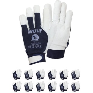 TK Gloves WOLF Montage-Handschuhe aus Leder/Größe 08, 12 Paar/Handschuhe Arbeitshandschuhe/ungefütterter/vollnarbiges Ziegenleder und Baumwollstrick/Lederhandschuhe