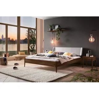 Hasena Massivholzbett, Kopfteil gepolstert Pienza, Farbe: Nussbaum, geölt, Bezugsfarbe: Pepe grey, verschiedene Größen - 25 cm/160 x 200 cm