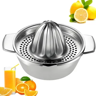 Edelstahl Zitronenpresse mit Behälter, Manuell Orangenpresse, Robust Limettenpresse, Rostfrei Fruchtpresse, Handpresse Saftpresse, Home Entsafter für Zitrusfrüchte, Spülmaschinengeeignet Zitruspresse