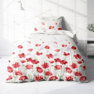 Träumschön Blumen Bettwäsche 155x220 2tlg - Design Mohnblumen rot Weiss - Renforce Bettwäsche aus 100% Baumwolle mit Reißverschluss - atmungsaktiv und bügelfrei