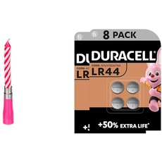 Dekohelden24GeburtstagskerzemitMusik,Musikkerze,pink/rosamitweißenStreifen,HappyBirthday,Größe:H/Ø11x1,5cm + Duracell Specialty LR44 Alkali-Knopfzelle 1,5 V, 8er-Packung (76A/A76/V13GA) entwickelt für