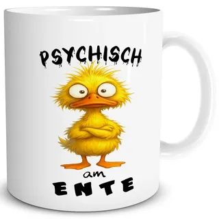 TRIOSK Lustige Tasse Ente mit Spruch Psychisch am ENTE! - Witziges Entenmotiv Geschenk für Männer, Frauen, Entenliebhaber, Morgenmuffel, Arbeits- & Bürokollegen - Keramik Spaßtasse, 300 ml
