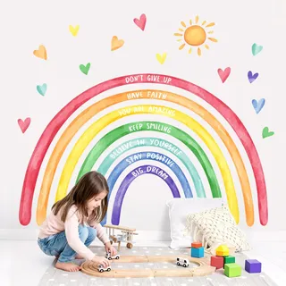 Tanlaby Wandtattoo Regenbogen Groß mit Sprüche Motivierend, Wandaufkleber Regenbogen Sonne Herzen, DIY Wandsticker für Mädchen Kinderzimmer Babyzimmer Schlafzimmer Klassenzimmer Wanddeko