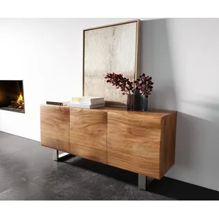 Sideboard New Live-Edge 145 cm Akazie Natur 3 Türen Kufe Edelstahl gebürstet