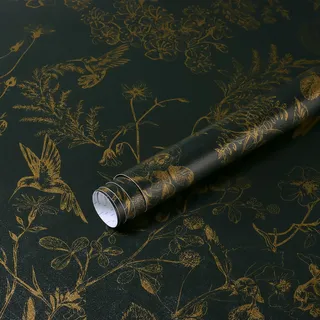 Yomshi Selbstklebende Tapete Grün und Gold Möbelfolie 44CM×10M Blumentapete Vintage Dekorfolie Vögel Abnehmbar Schlafzimmer